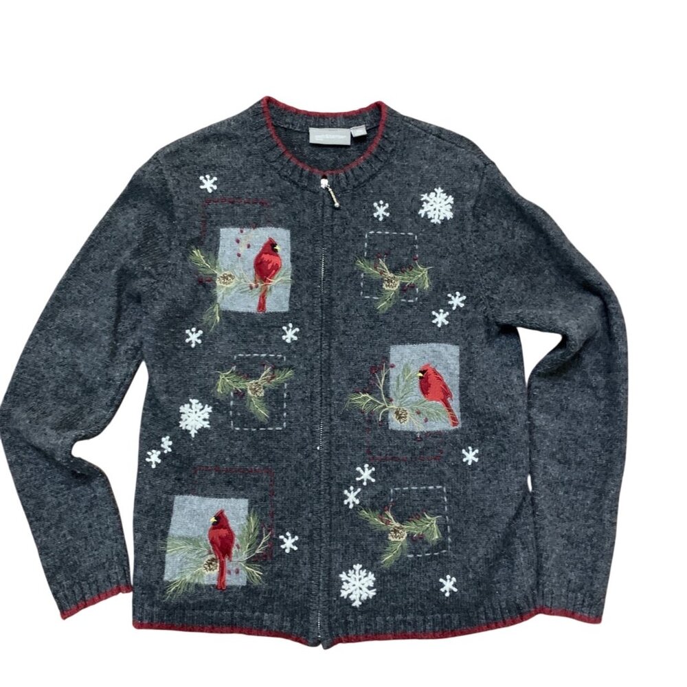 Croft & Barrow Women's‎ Cardigan Gray Wool Cardinal Embroidered Sz PM Gradmacore